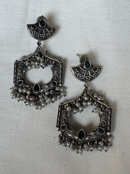 Pearl drops, petal stud with rounded square drop design earrings - Brass with silver look