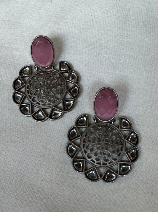 Pink stone studs with big circle drop earrings with white stones