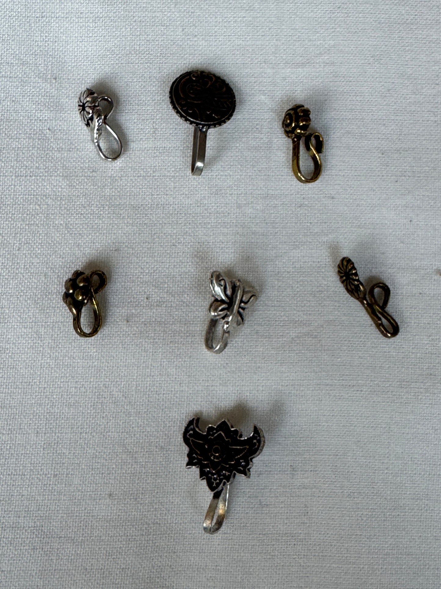 Nose pin - clip on, pressing style  - Silver plated brass - multiple designs available