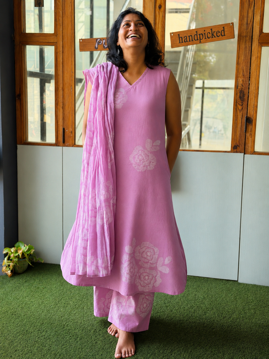 Light onion pink floral a-line sleeveless kurti, pants and dupatta - 3 piece set