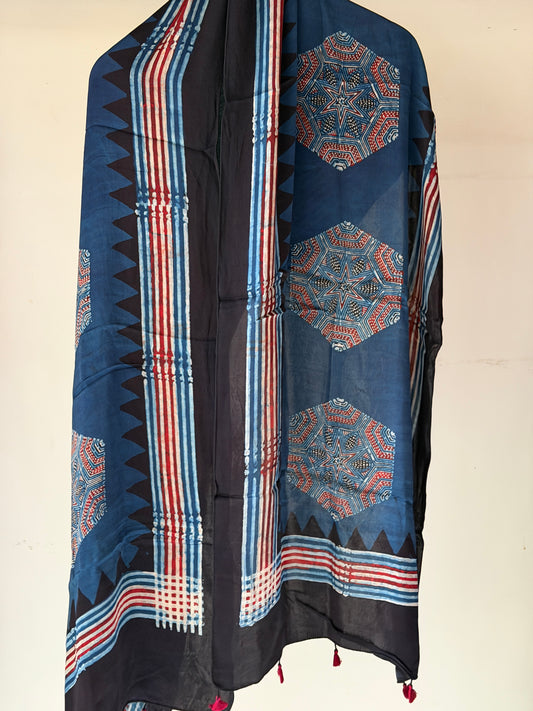 Indigo hexagon print Ajrakh hand block printed soft modal stole