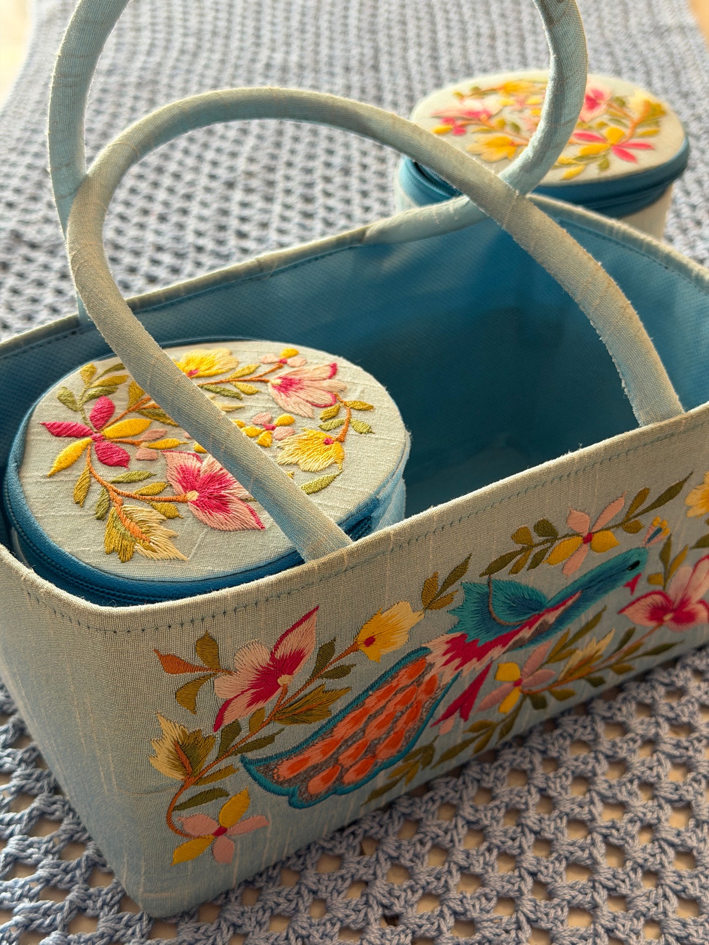 Two fabric jars gift hamper with flowers embroidery