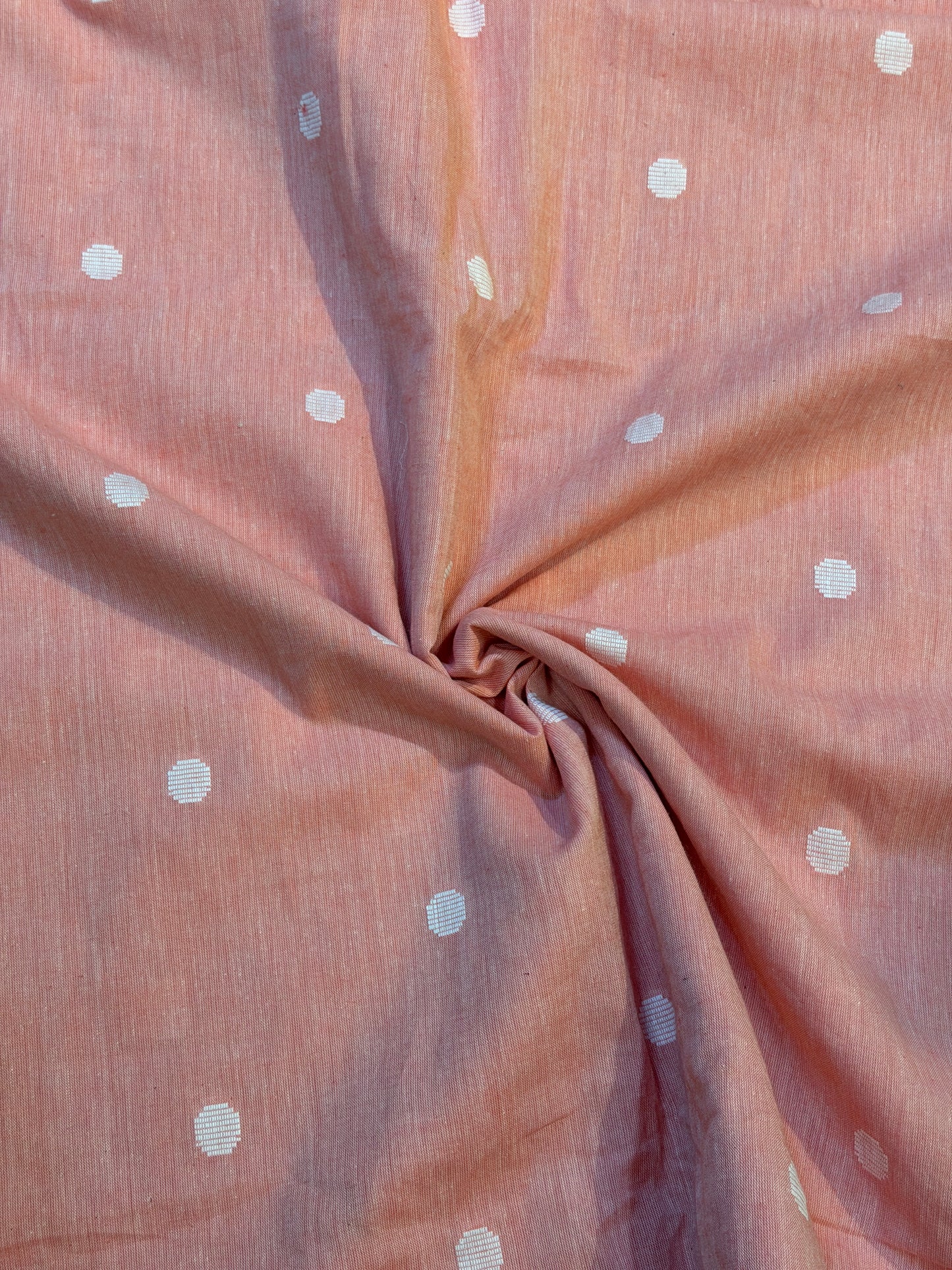 Peach cotton handwoven fabric - with white Jamdani butis