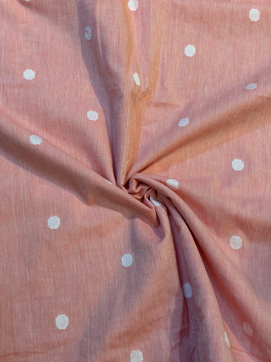 Peach cotton handwoven fabric - with white Jamdani butis