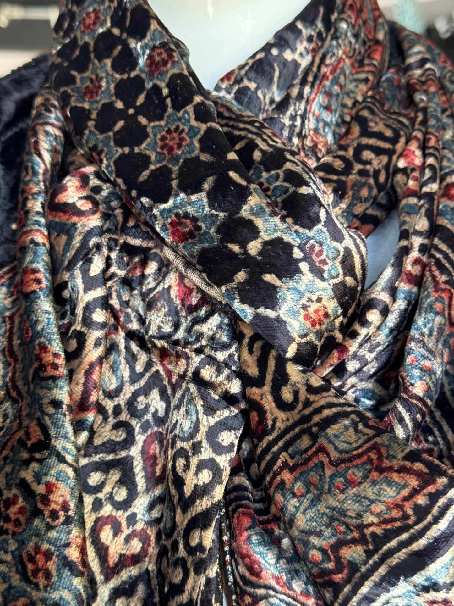 Black stars and hearts print velvet stole with hand block Ajrakh prints
