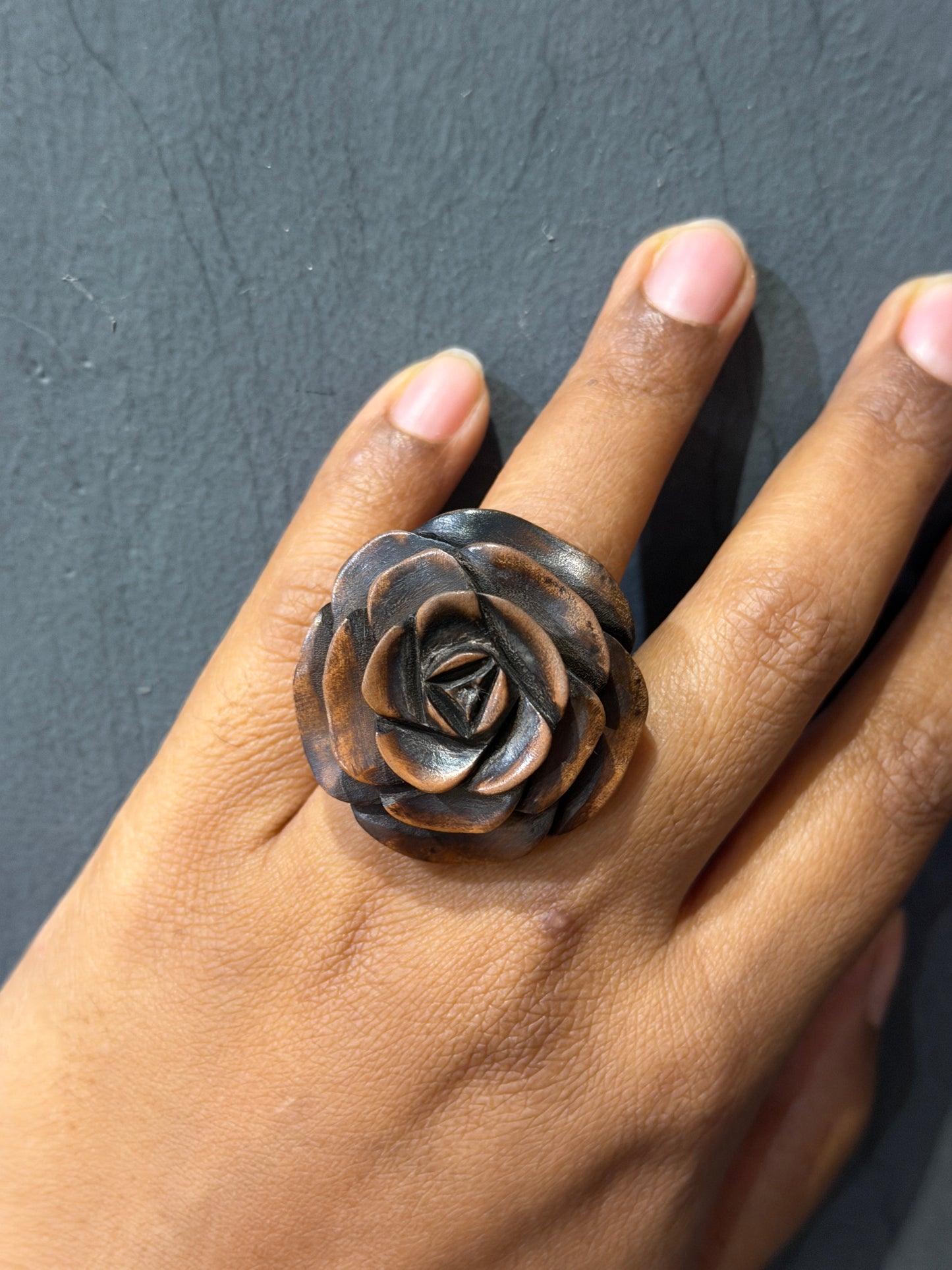 Rose hand carved finger ring in yellow wood - color options available