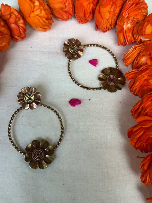 Flower stud with attachable circle flower drop -  designer earrings made of copper and brass