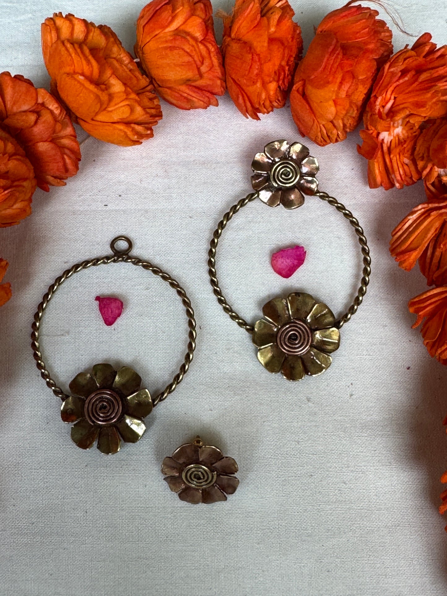 Flower stud with attachable circle flower drop -  designer earrings made of copper and brass