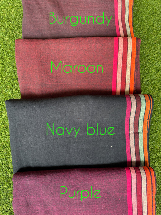 Plain Handloom kala cotton fabric with colorful stripes borders - different shades available