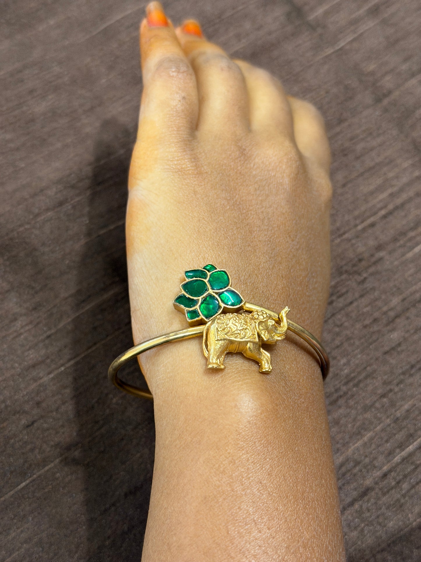 Elephant with green flower design 92.5 sterling silver adjustable size bracelet in gold polish