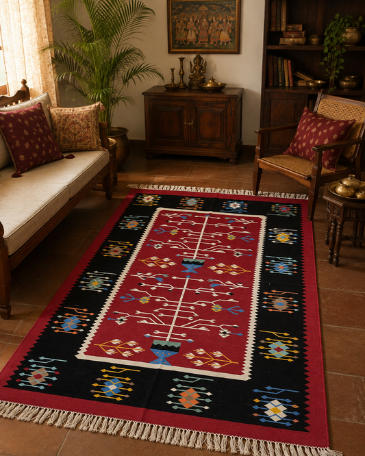 Black and maroon cotton handwoven panja weave carpet 4 x 6 ft