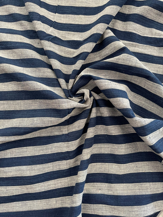 Indigo natural dyed, hand spun, hand woven stripes cotton fabric