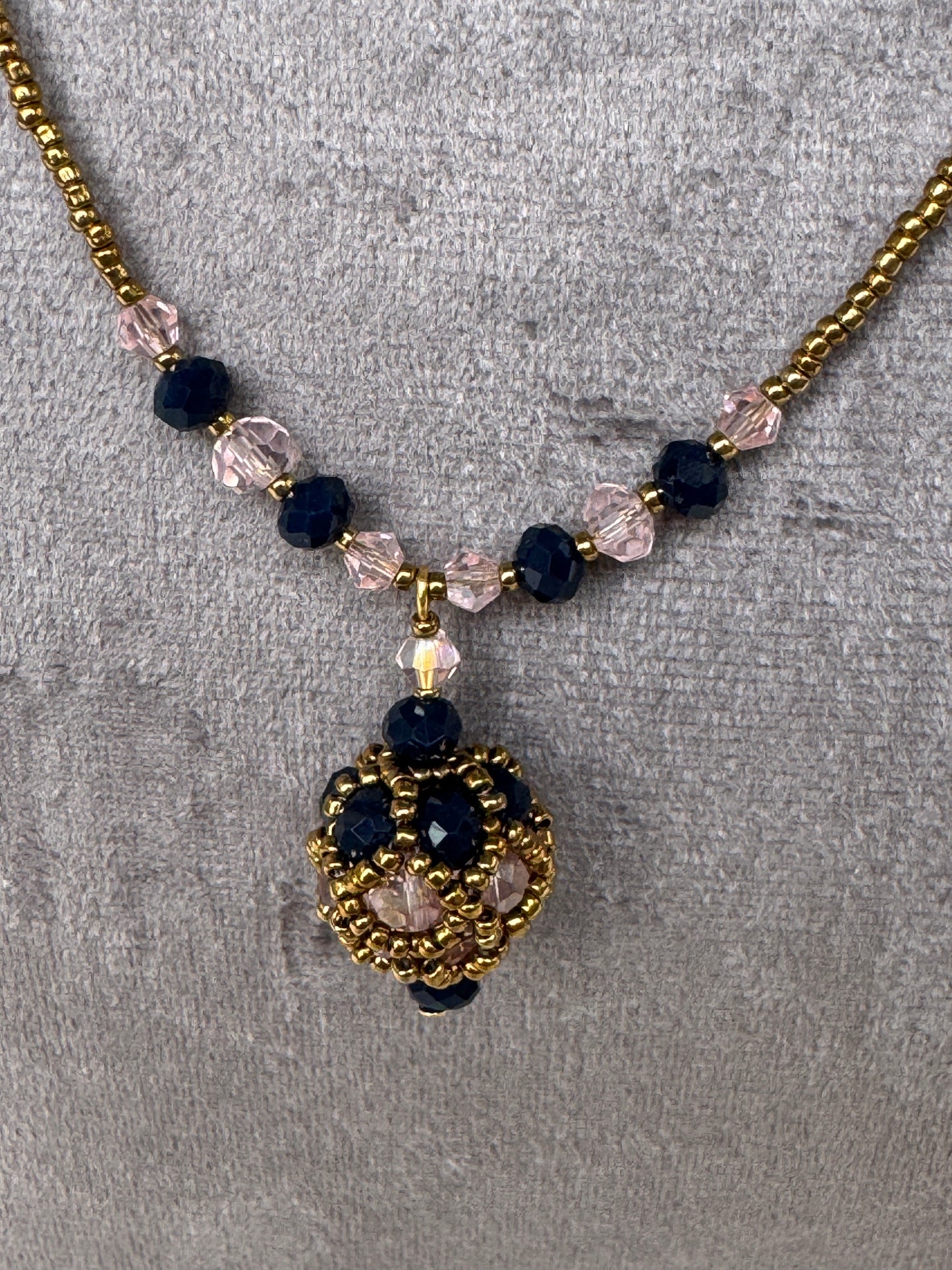 Black and gold necklace and earrings set - glass and poth beads