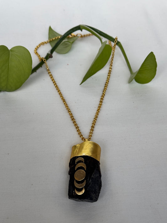 Phases of moon - Tourmaline natural black stone neckpiece with 18k gold plated brass chain and wire setting