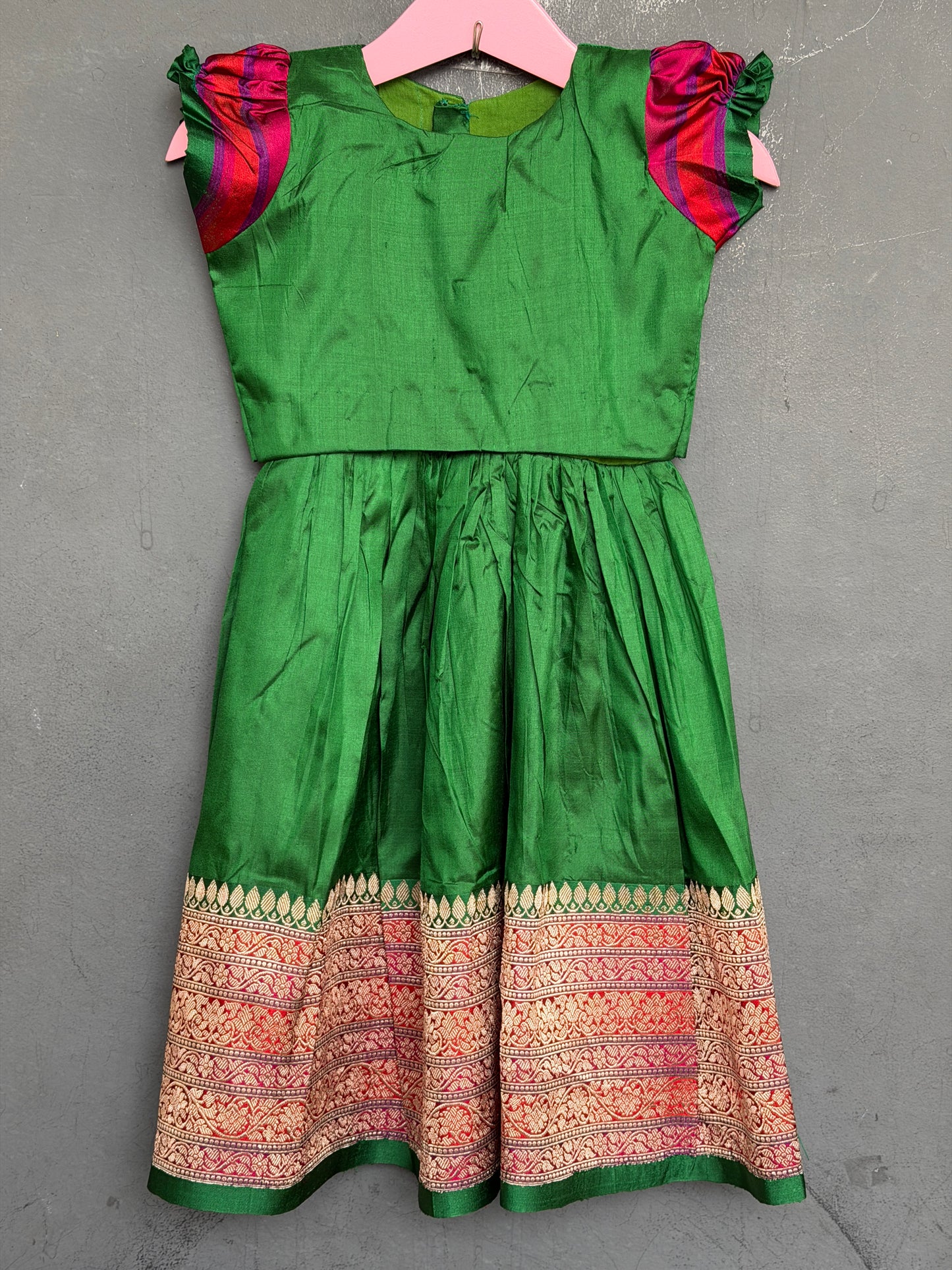 Dark green handwoven pure silk lehenga (pattu langa jacket) blouse set