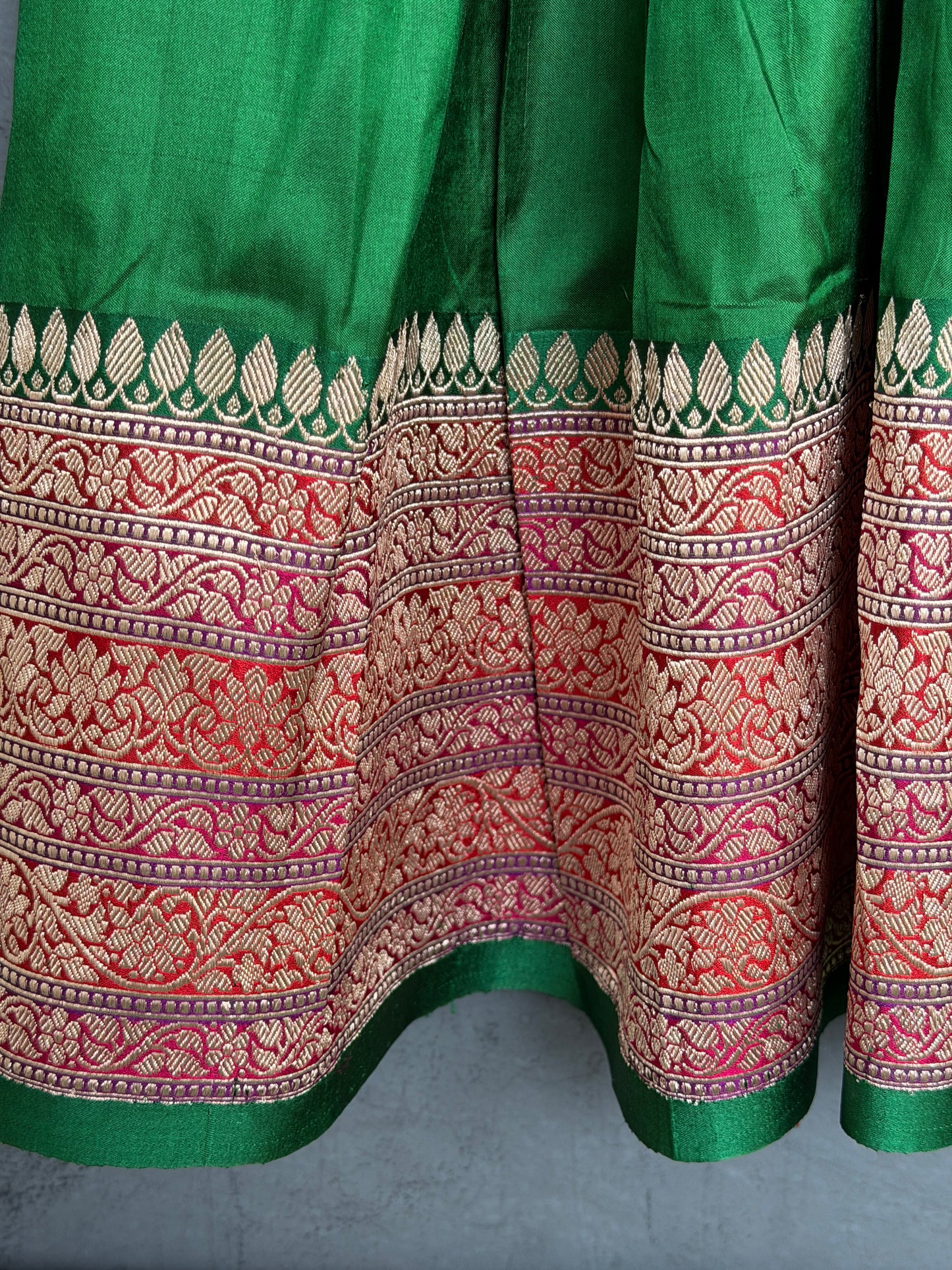 Dark green handwoven pure silk lehenga (pattu langa jacket) blouse set