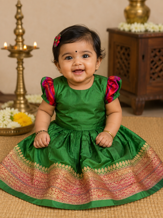 Dark green handwoven pure silk lehenga (pattu langa jacket) blouse set