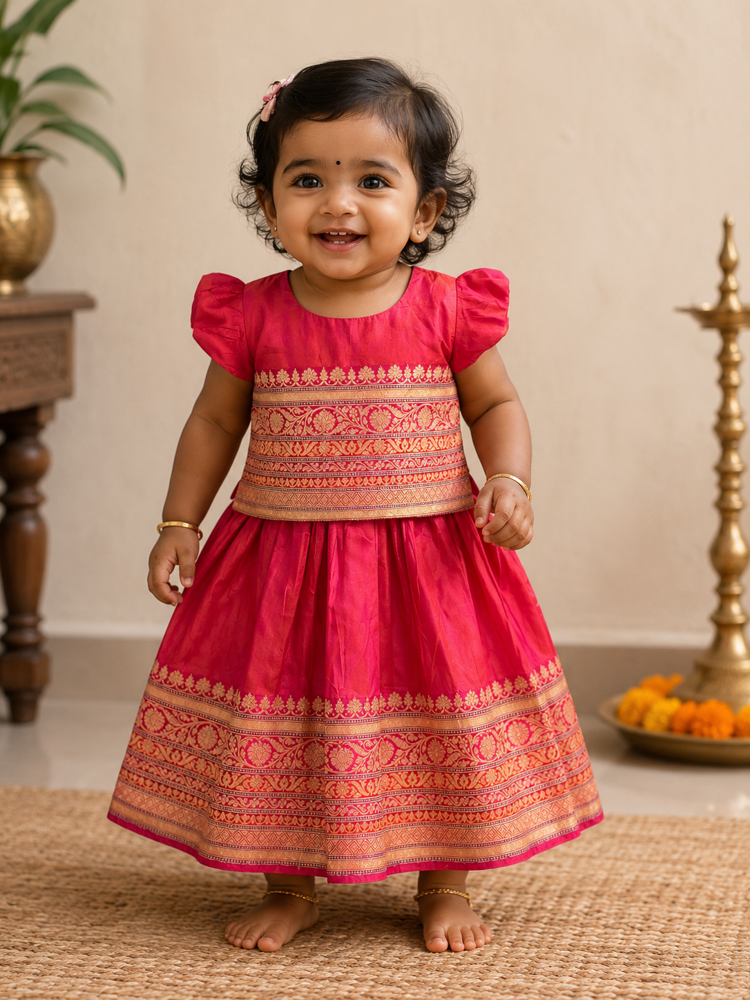 Pink handwoven pure silk lehenga (pattu langa jacket) blouse set