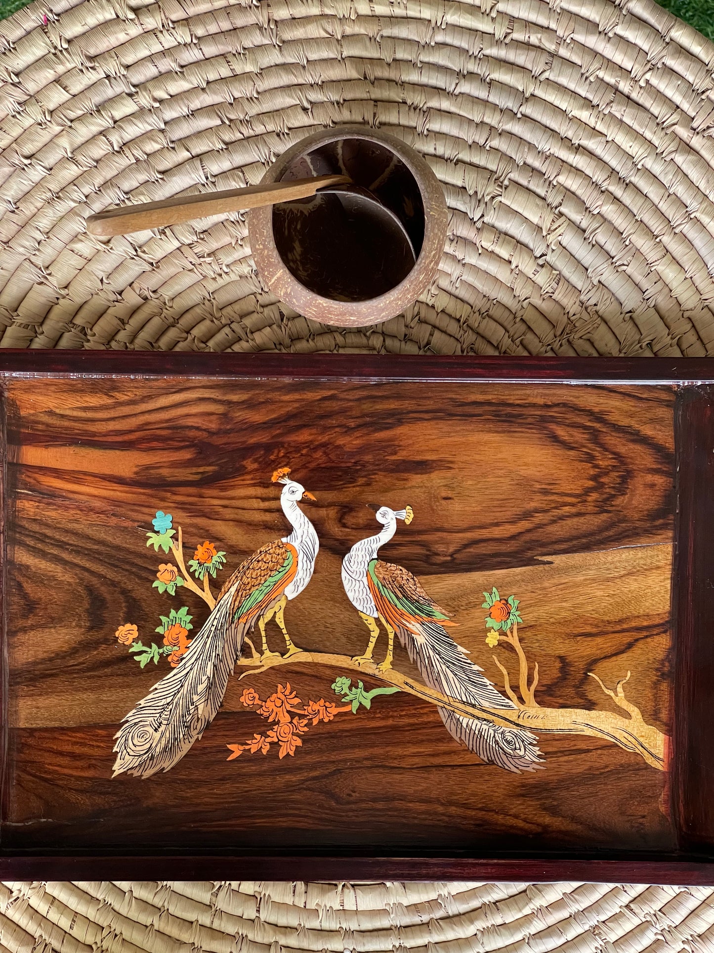 Wood inlay work hand made tray (16 x 10 inches) - peacocks on a tree
