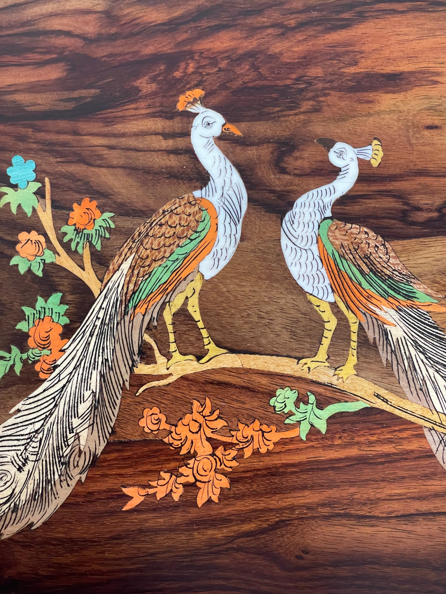 Wood inlay work hand made tray (16 x 10 inches) - peacocks on a tree