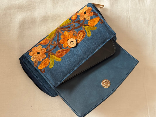 Clutch with attached flap pouch for phone - Kashmiri floral Aari embroidery - color options available