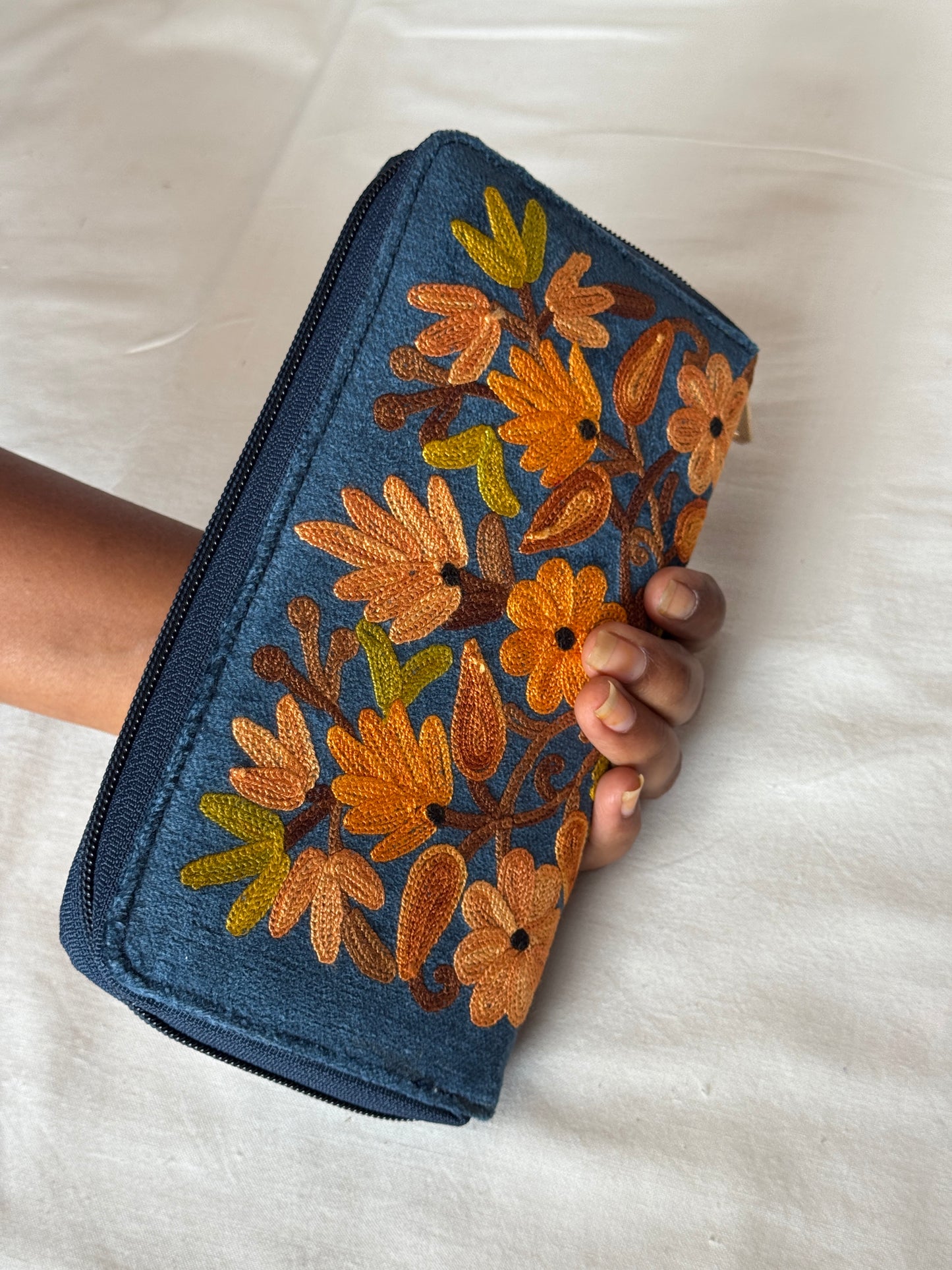 Clutch with attached flap pouch for phone - Kashmiri floral Aari embroidery - color options available