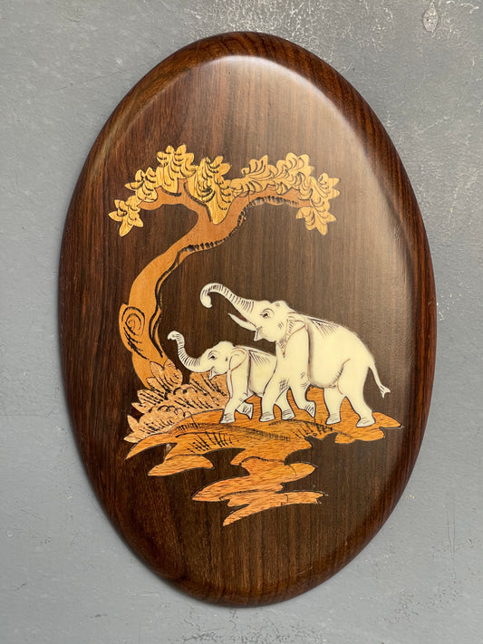 Elephants under a tree - rose wood inlay work handcrafted wall plate