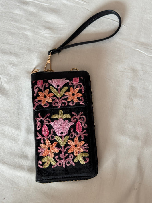 Clutch cum sling cum wristlet with attached phone pouch - Kashmiri floral Aari embroidery - color options available