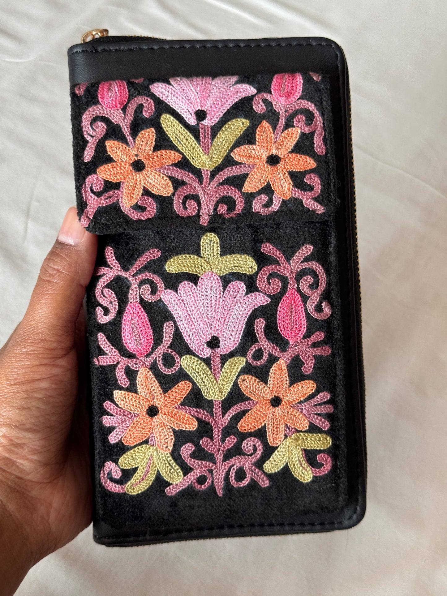 Clutch cum sling cum wristlet with attached phone pouch - Kashmiri floral Aari embroidery - color options available