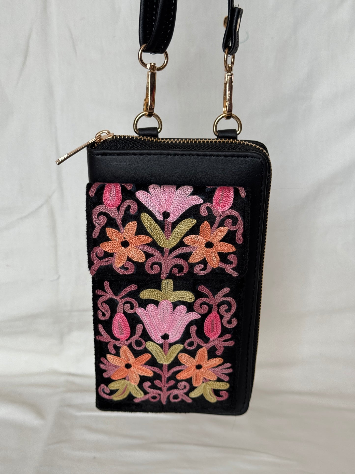 Clutch cum sling cum wristlet with attached phone pouch - Kashmiri floral Aari embroidery - color options available