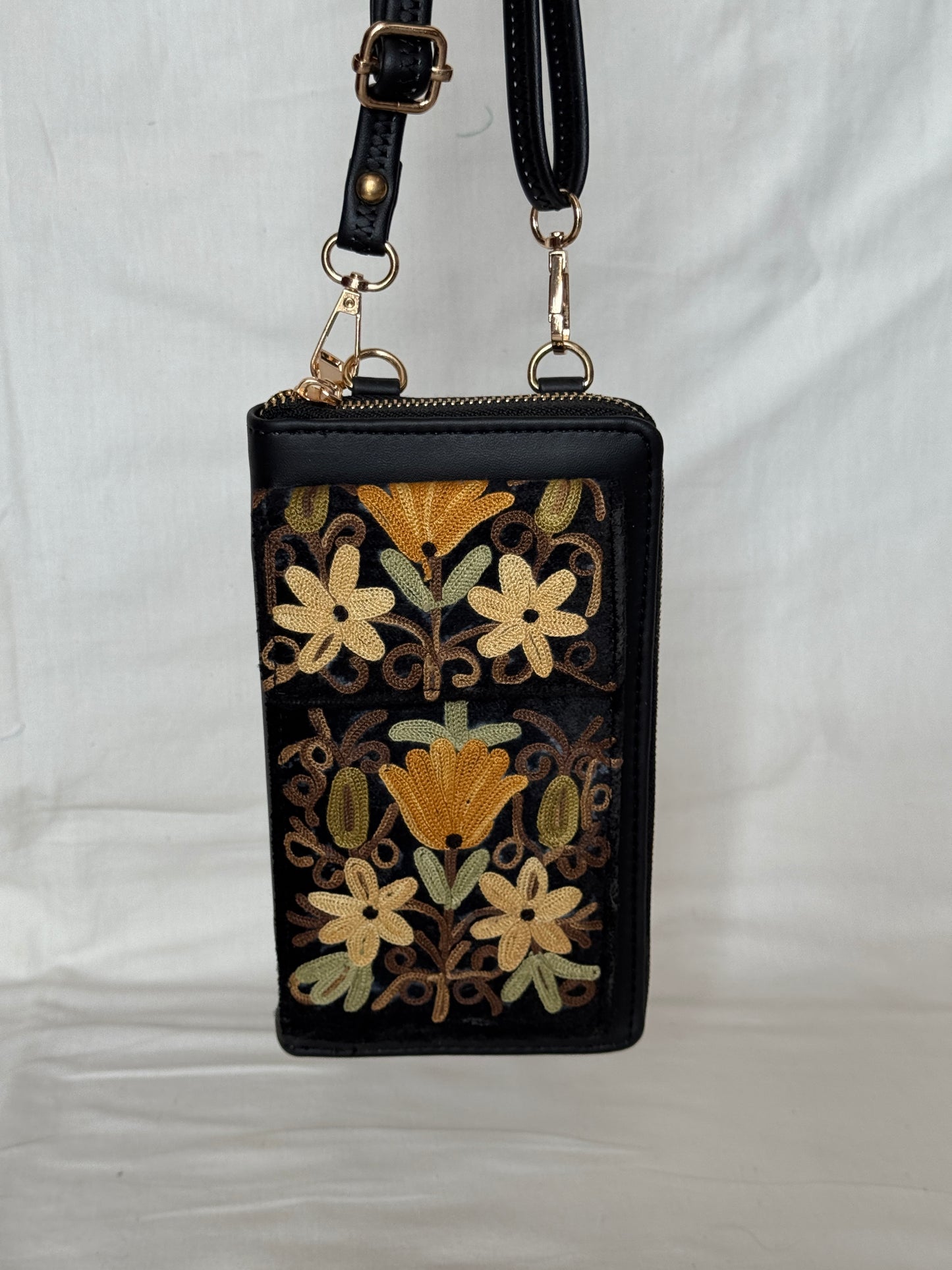 Clutch cum sling cum wristlet with attached phone pouch - Kashmiri floral Aari embroidery - color options available