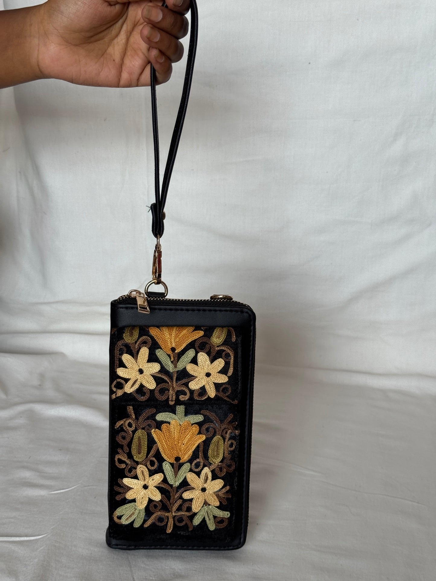 Clutch cum sling cum wristlet with attached phone pouch - Kashmiri floral Aari embroidery - color options available