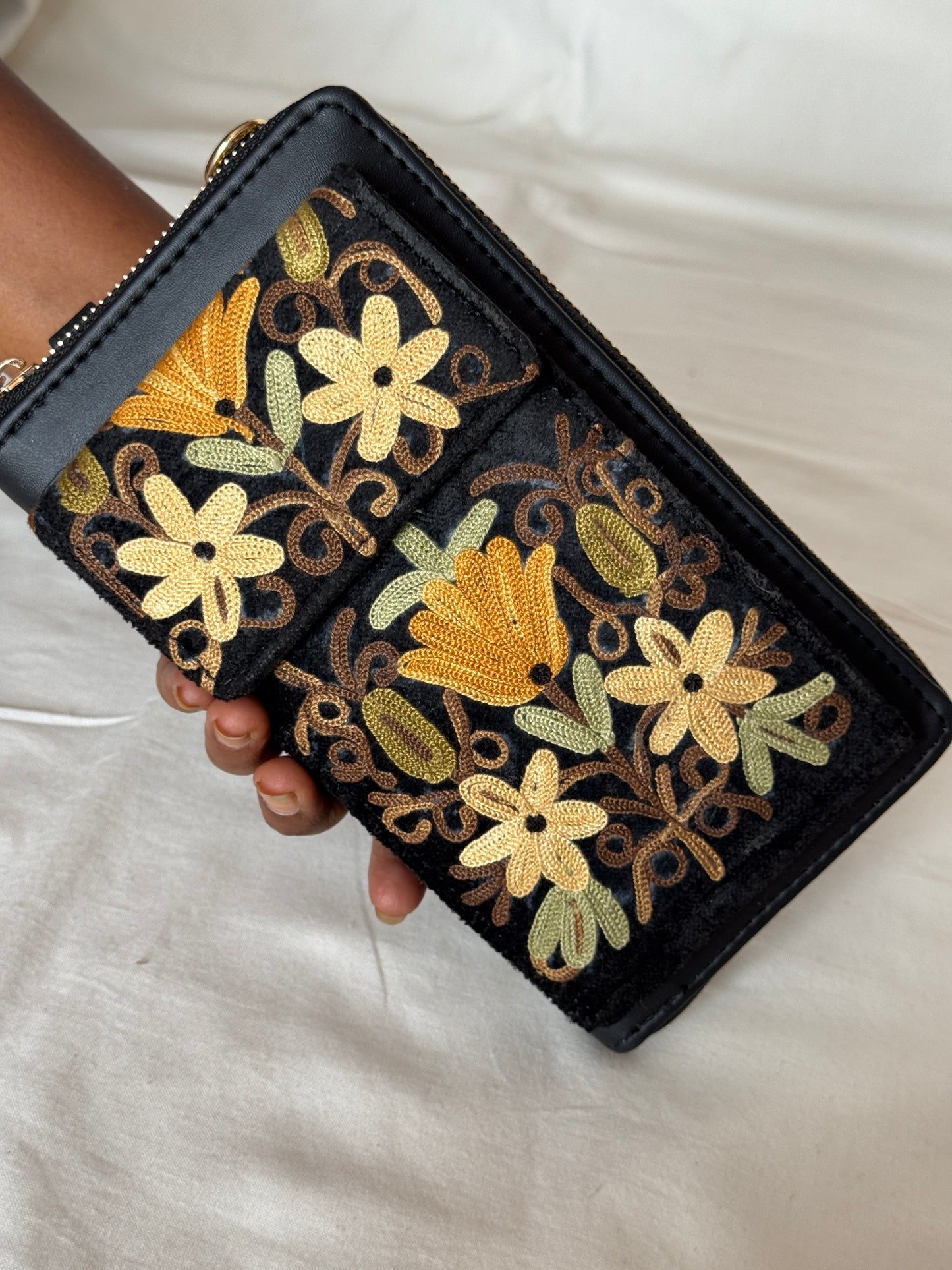 Clutch cum sling cum wristlet with attached phone pouch - Kashmiri floral Aari embroidery - color options available