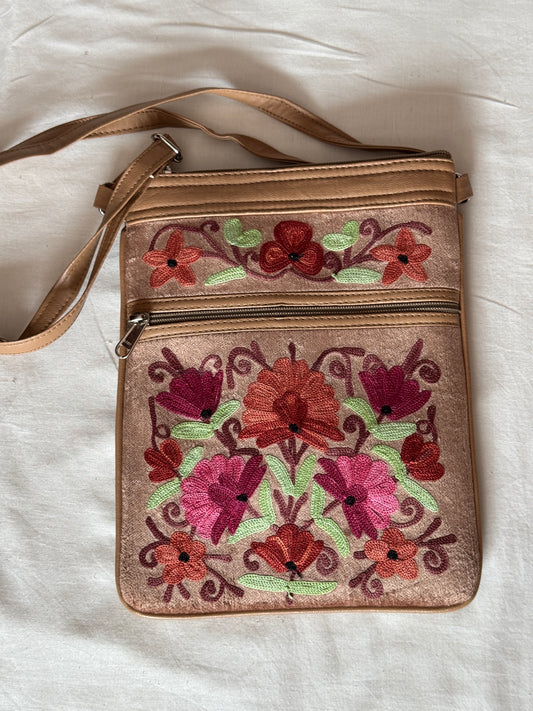 Sling bag with Kashmiri floral Aari embroidery - 3 zippers, adjustable length-  color options available