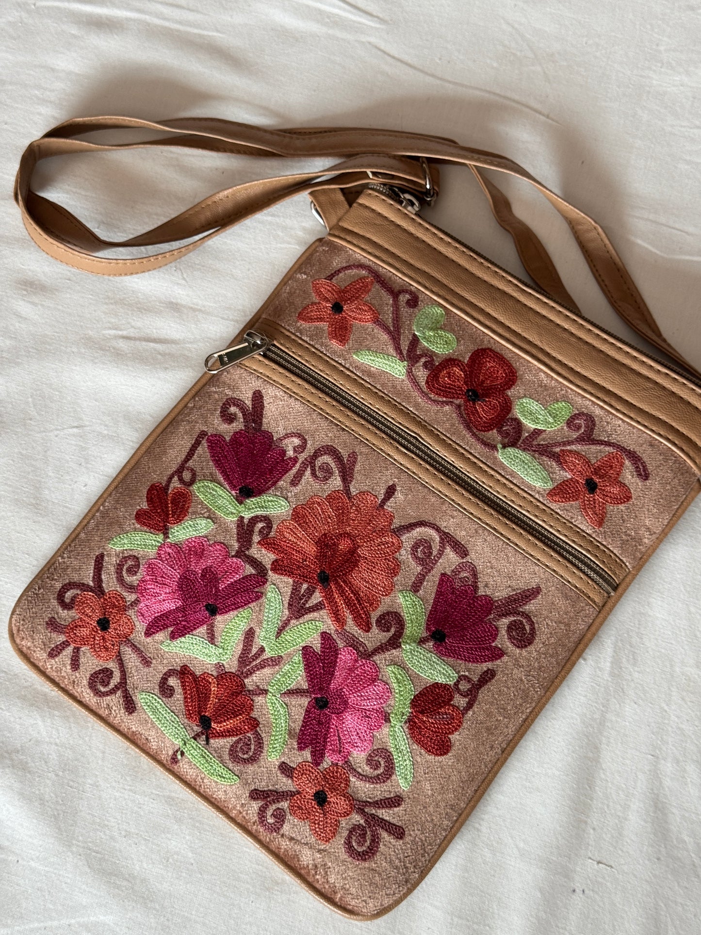 Sling bag with Kashmiri floral Aari embroidery - 3 zippers, adjustable length-  color options available