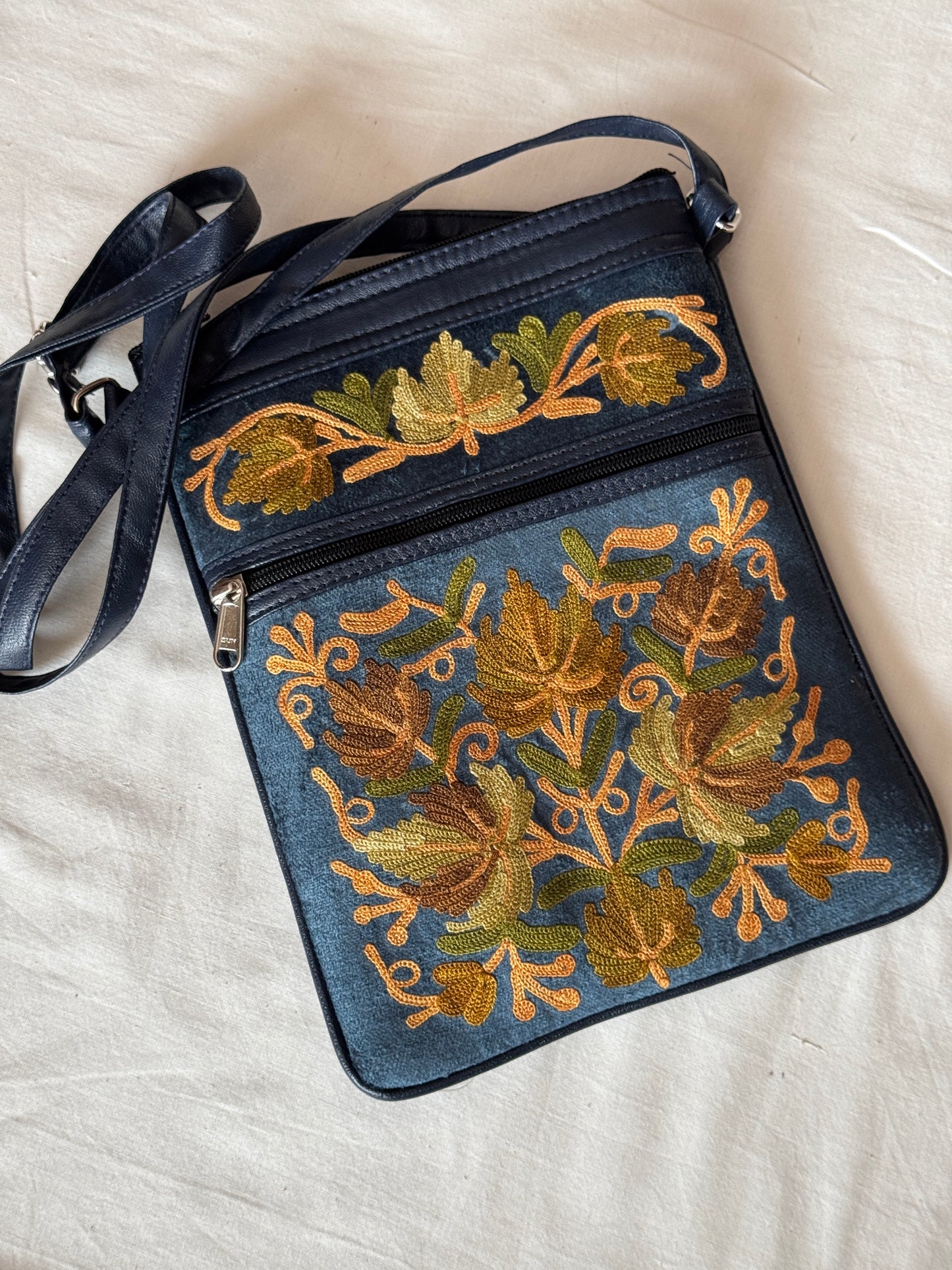 Sling bag with Kashmiri floral Aari embroidery - 3 zippers, adjustable length-  color options available