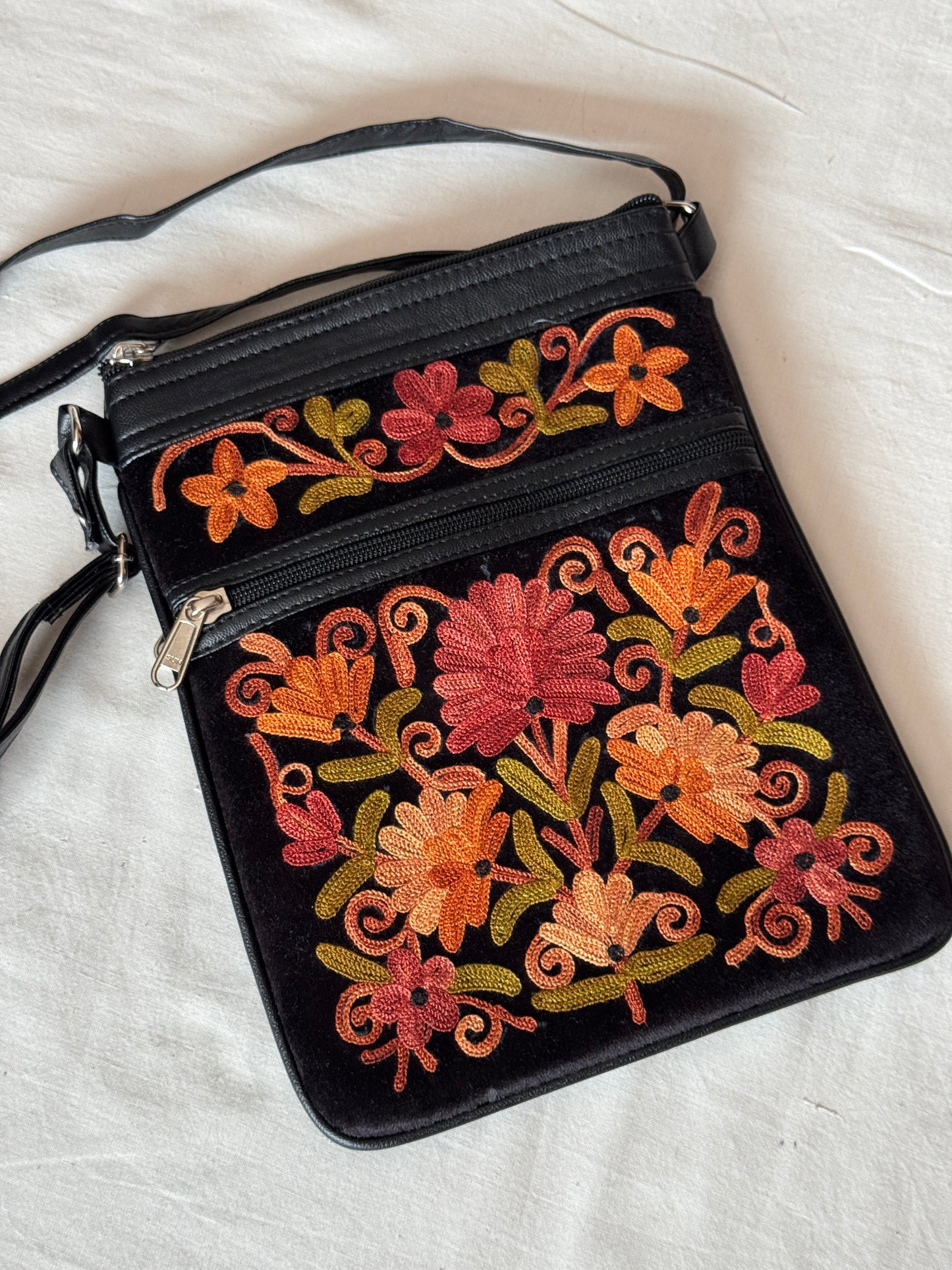 Sling bag with Kashmiri floral Aari embroidery - 3 zippers, adjustable length-  color options available