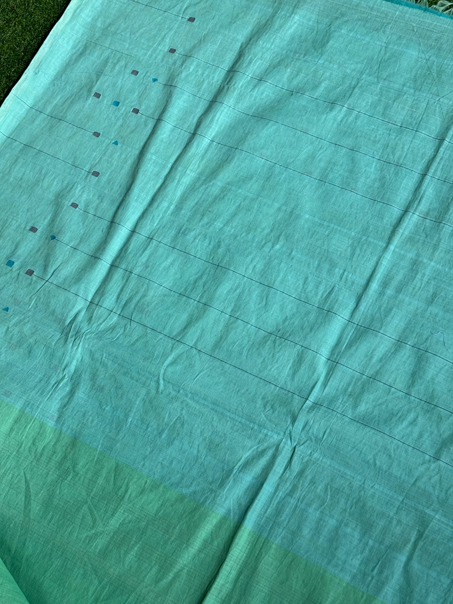 Serene Green and blue hand spun hand woven cotton saree with geometric butis