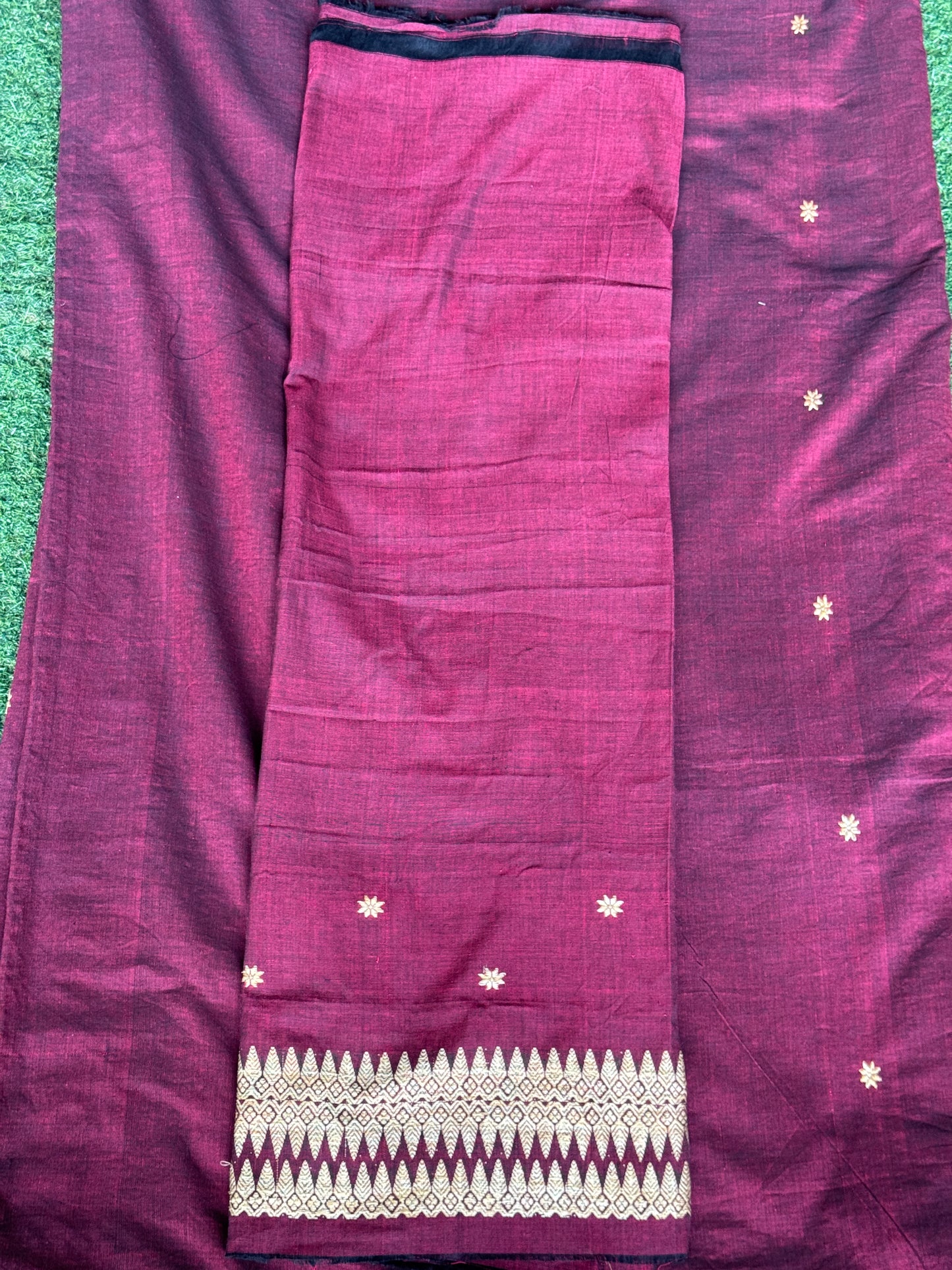 Maroon pure cotton Assam handloom saree with golden motifs