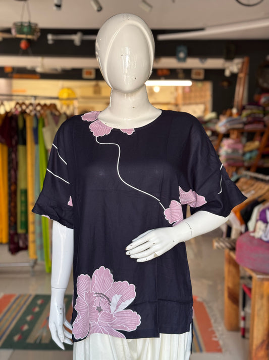 Navy blue floral printed top with fancy sleeves