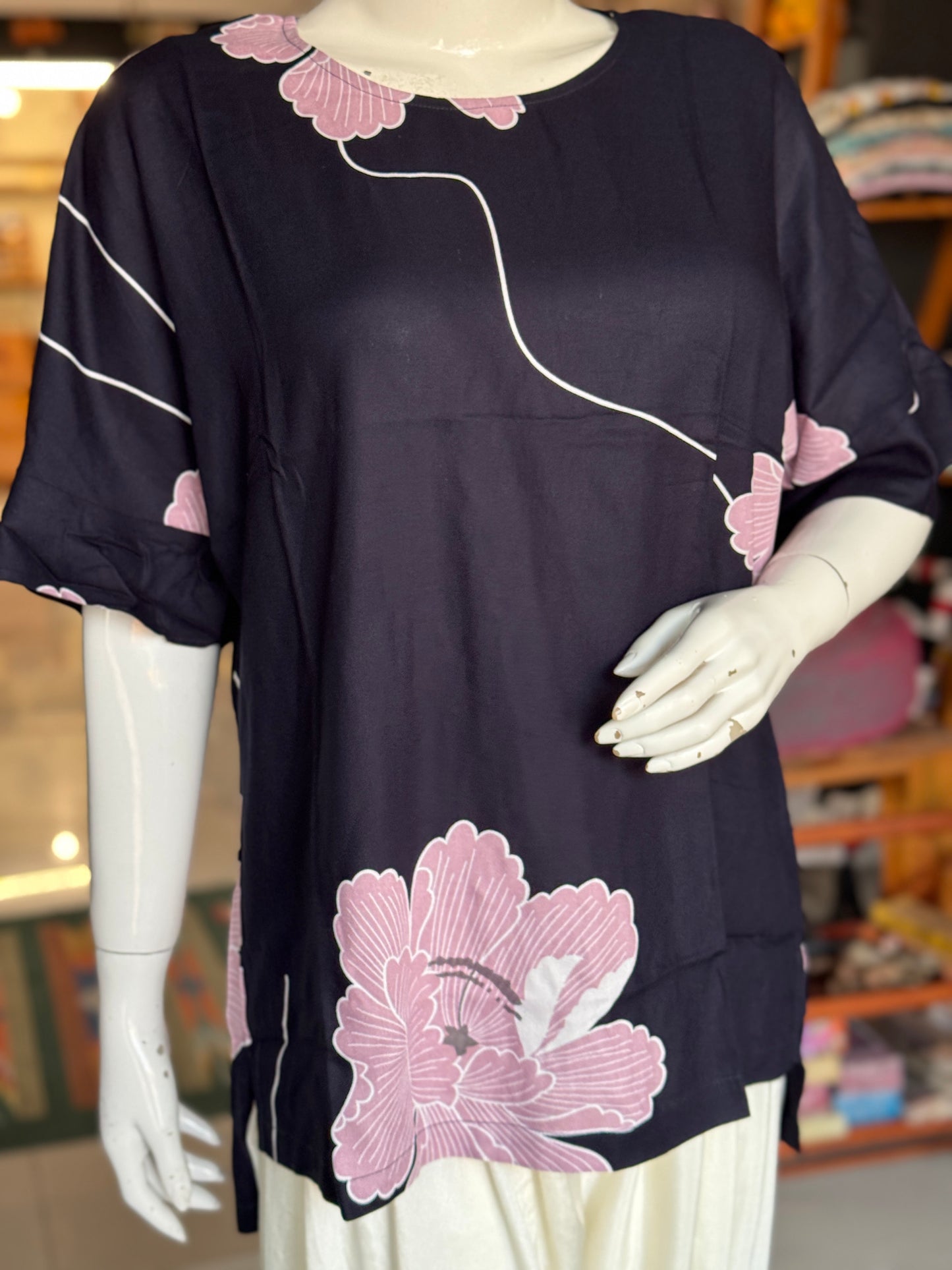 Navy blue floral printed top with fancy sleeves