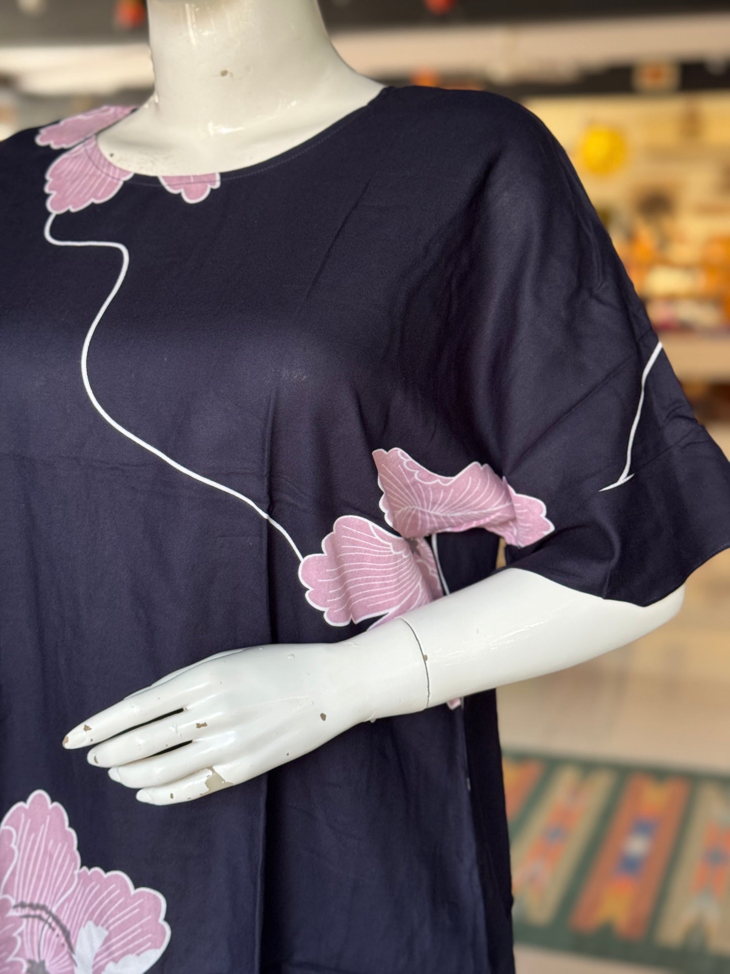 Navy blue floral printed top with fancy sleeves