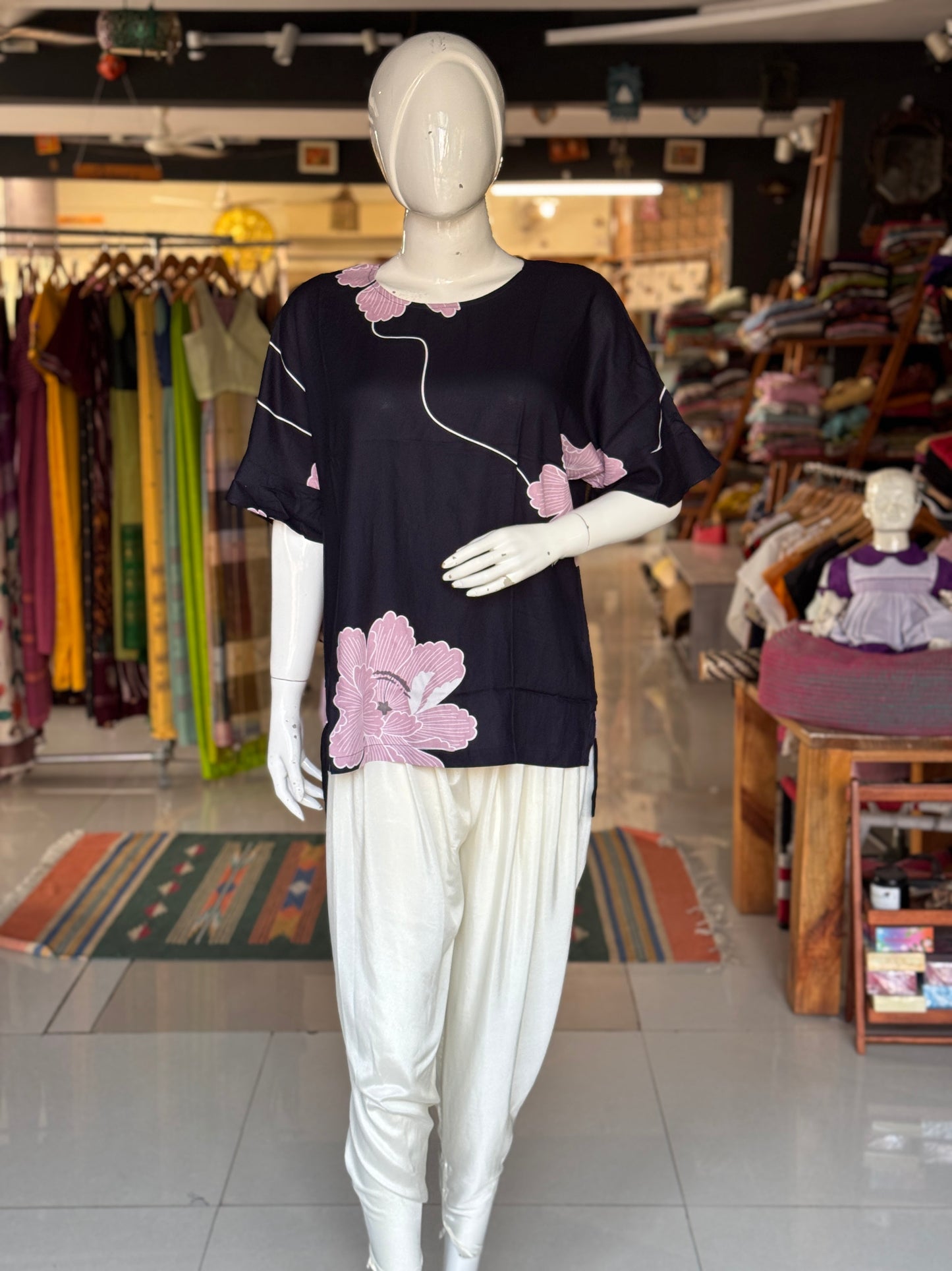 Navy blue floral printed top with fancy sleeves