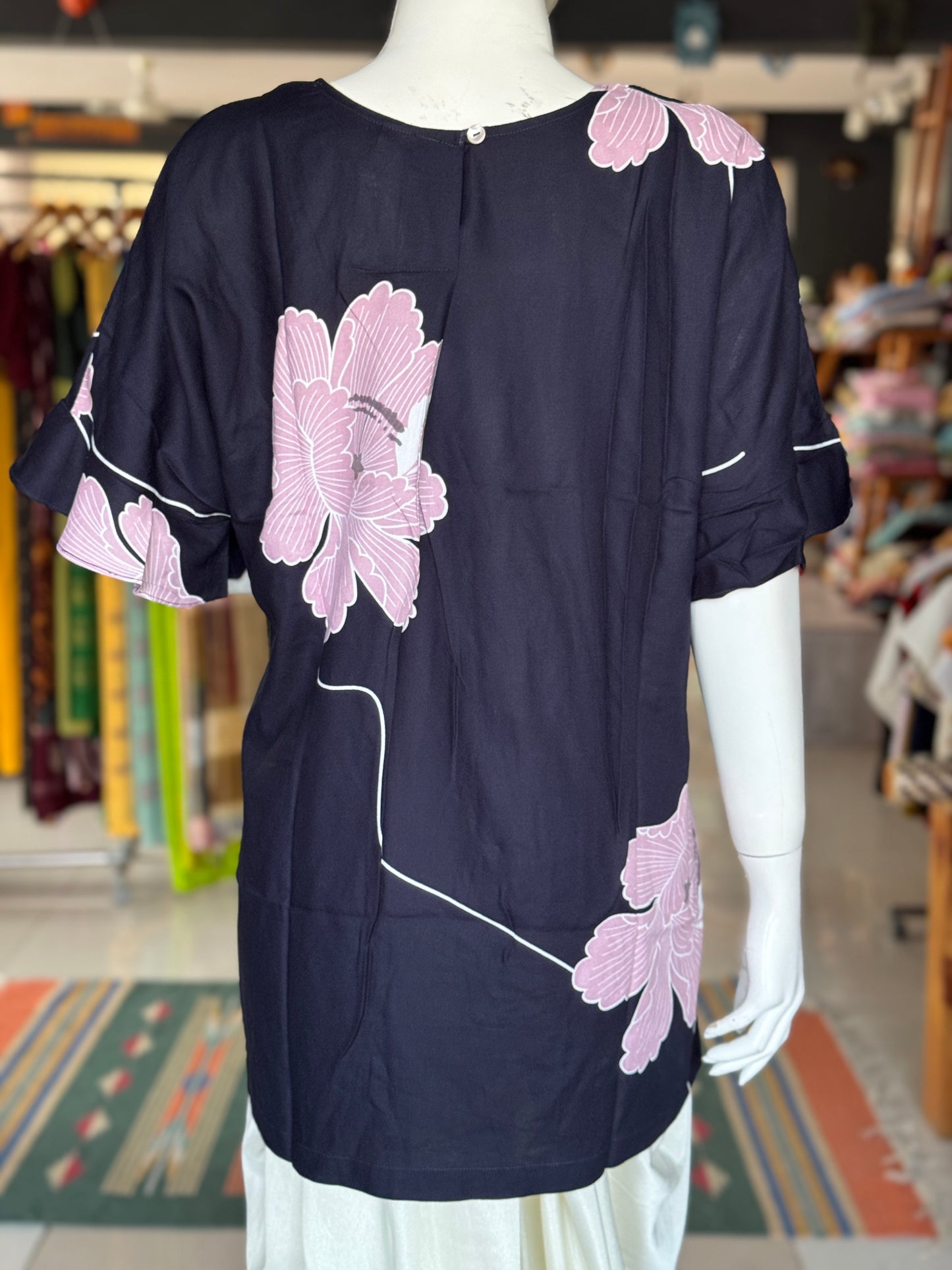 Navy blue floral printed top with fancy sleeves