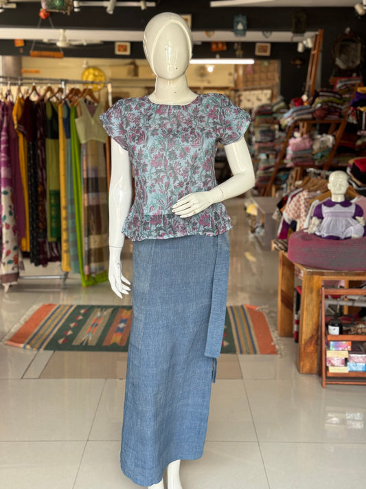 Pastel blue floral hand block printed light and soft kota doria cotton top
