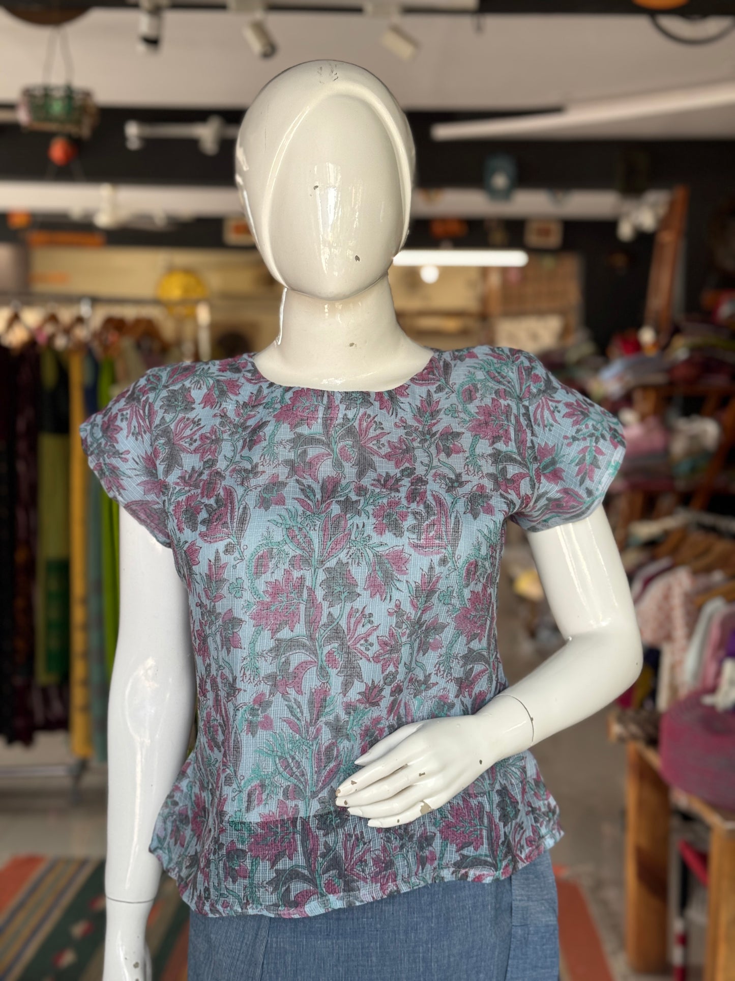 Pastel blue floral hand block printed light and soft kota doria cotton top