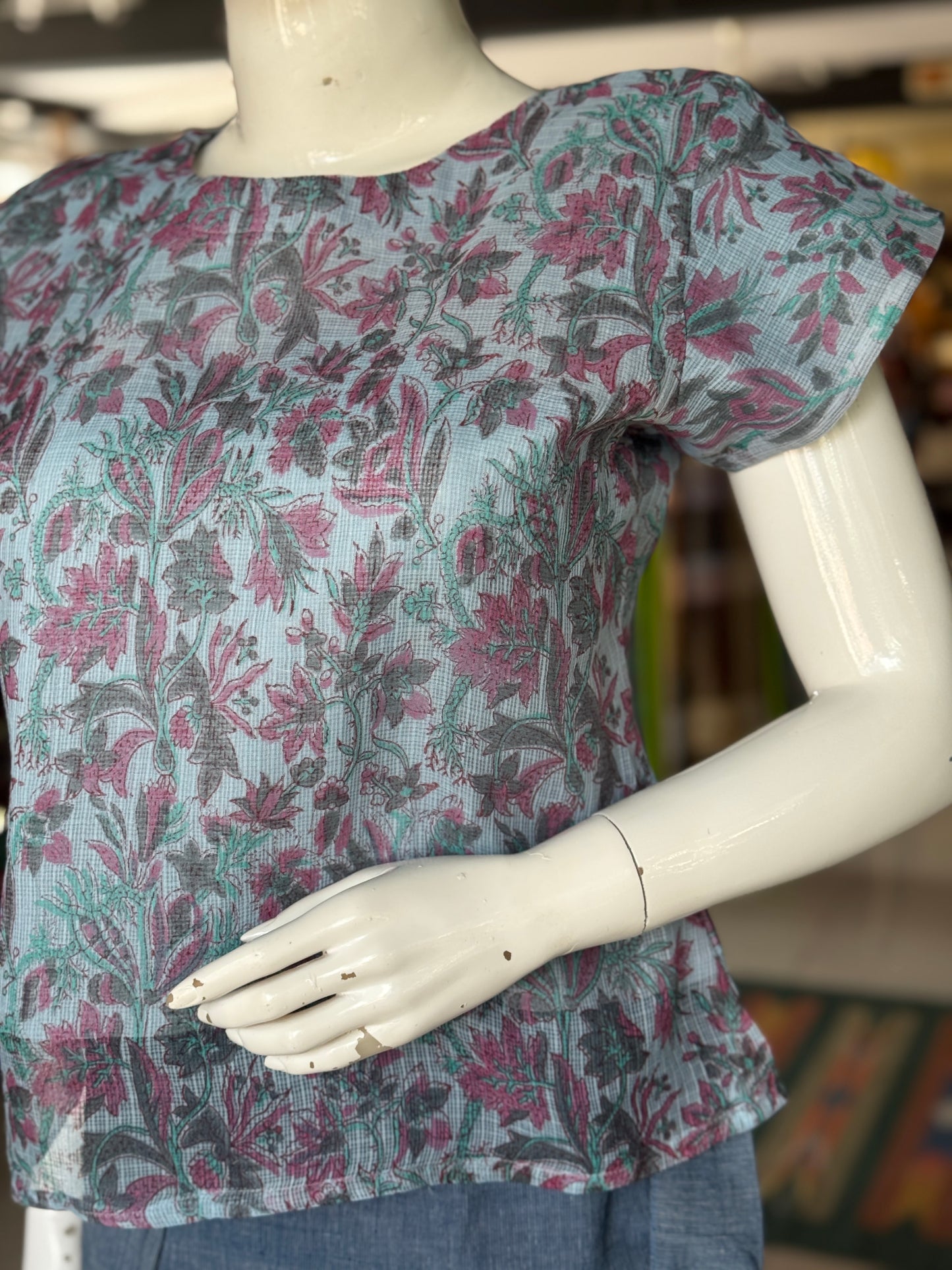 Pastel blue floral hand block printed light and soft kota doria cotton top