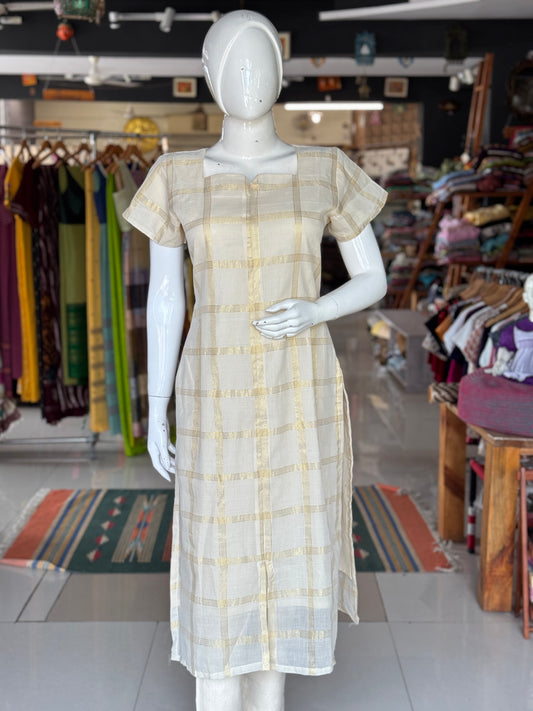 Square neck Off white cotton Venkatagiri handloom kurti with Golden Zari checks