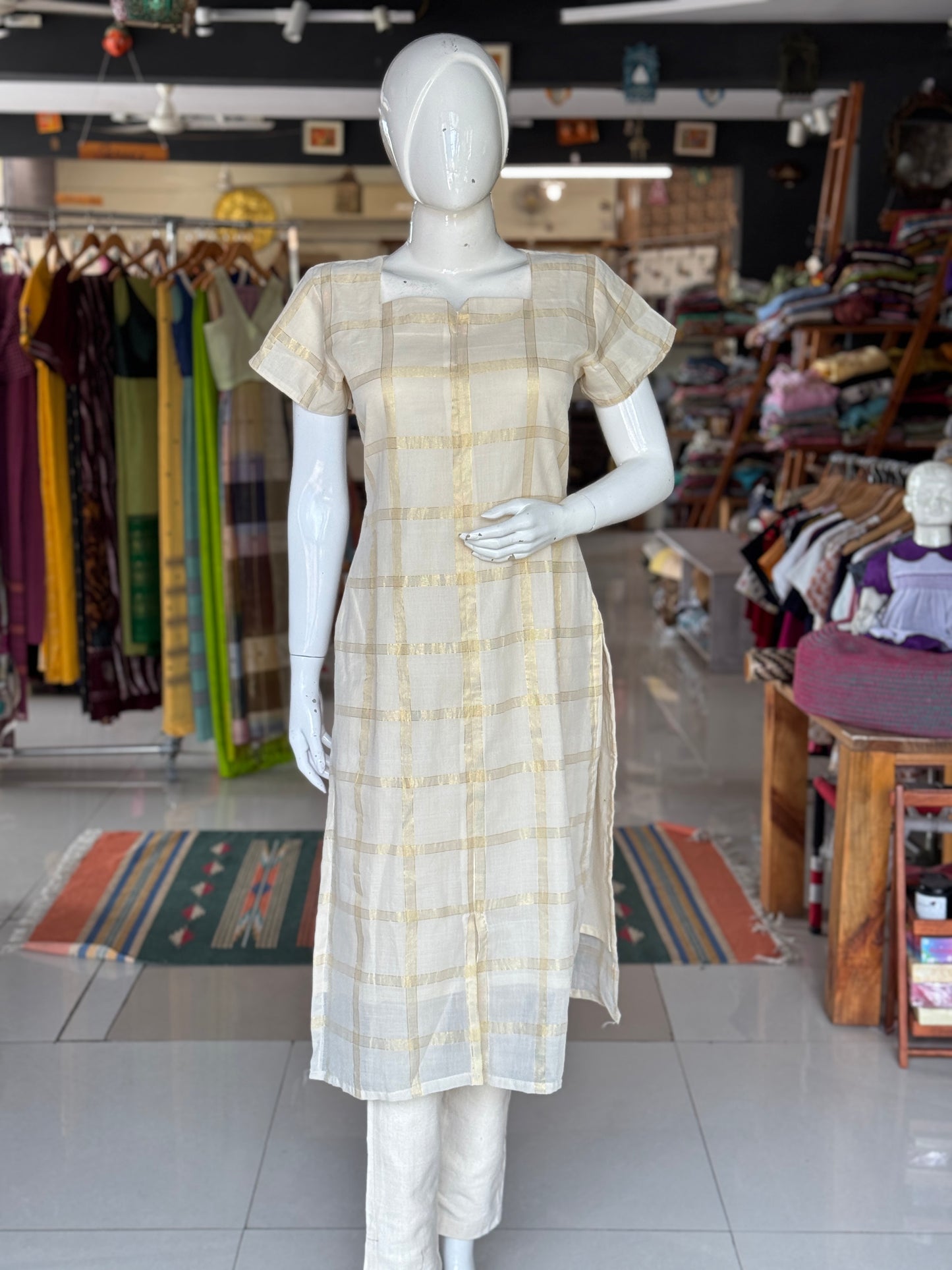 Square neck Off white cotton Venkatagiri handloom kurti with Golden Zari checks