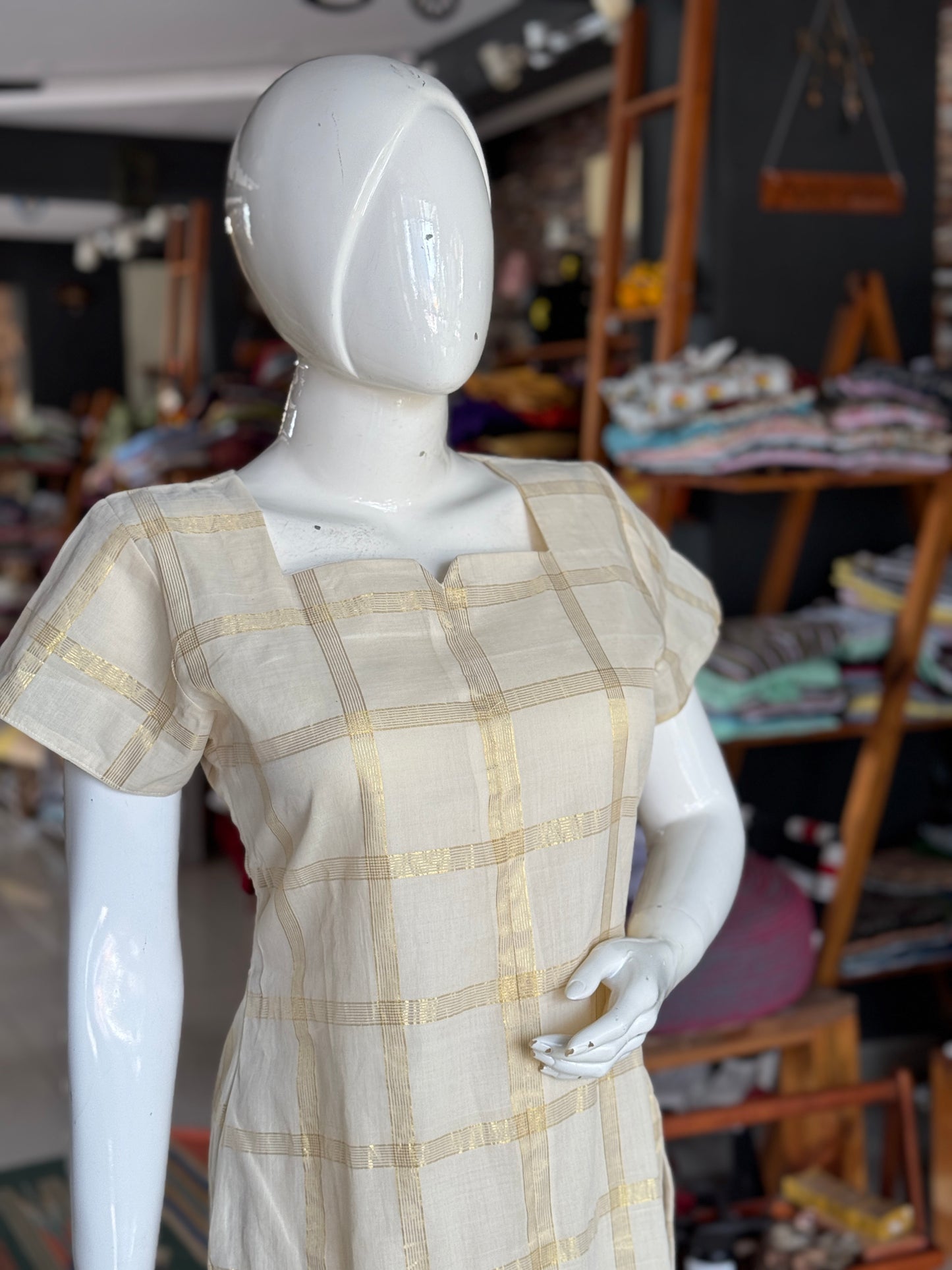 Square neck Off white cotton Venkatagiri handloom kurti with Golden Zari checks